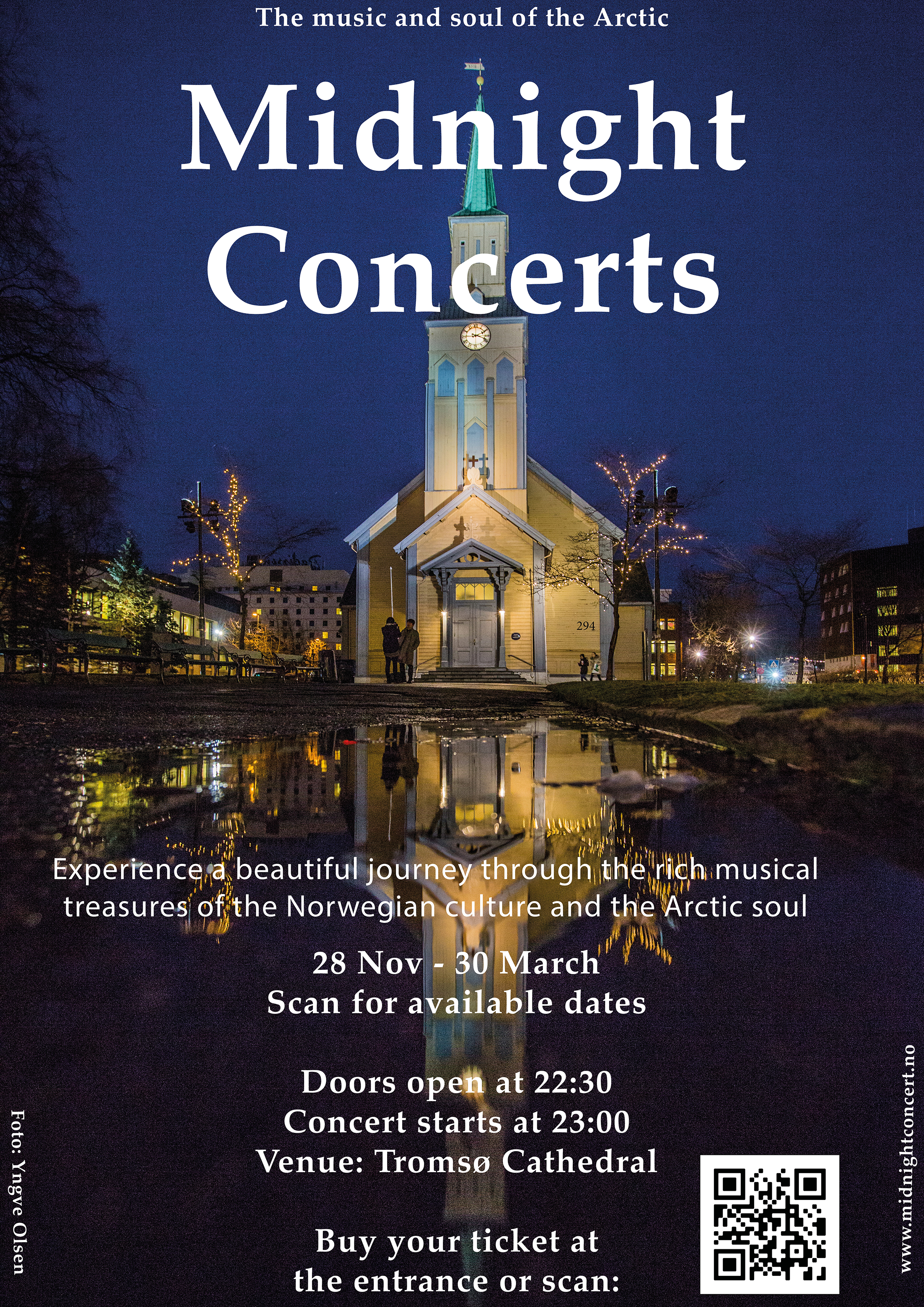Plakat med tekstinfo og Tromsø domkirke i bakgrunnen